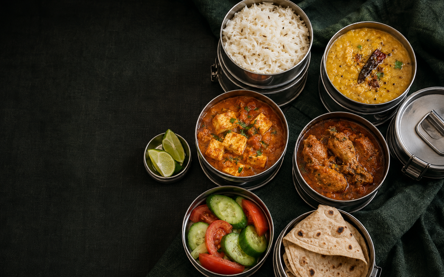 An Indian lunch spread of curries, dal, rice and roti in steel tiffin bowls